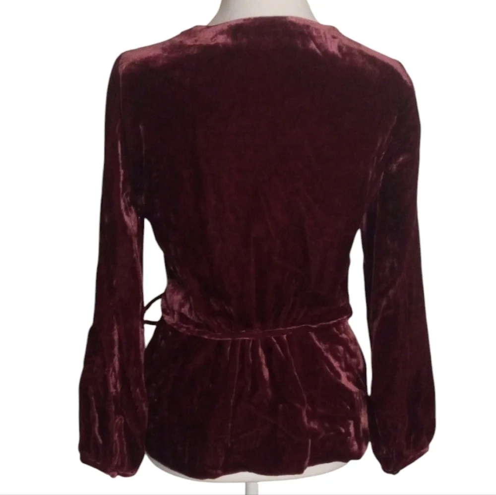 J. Crew Beautiful Burgundy Velvet Faux Wrap Blouse Puff Sleeves Size 0